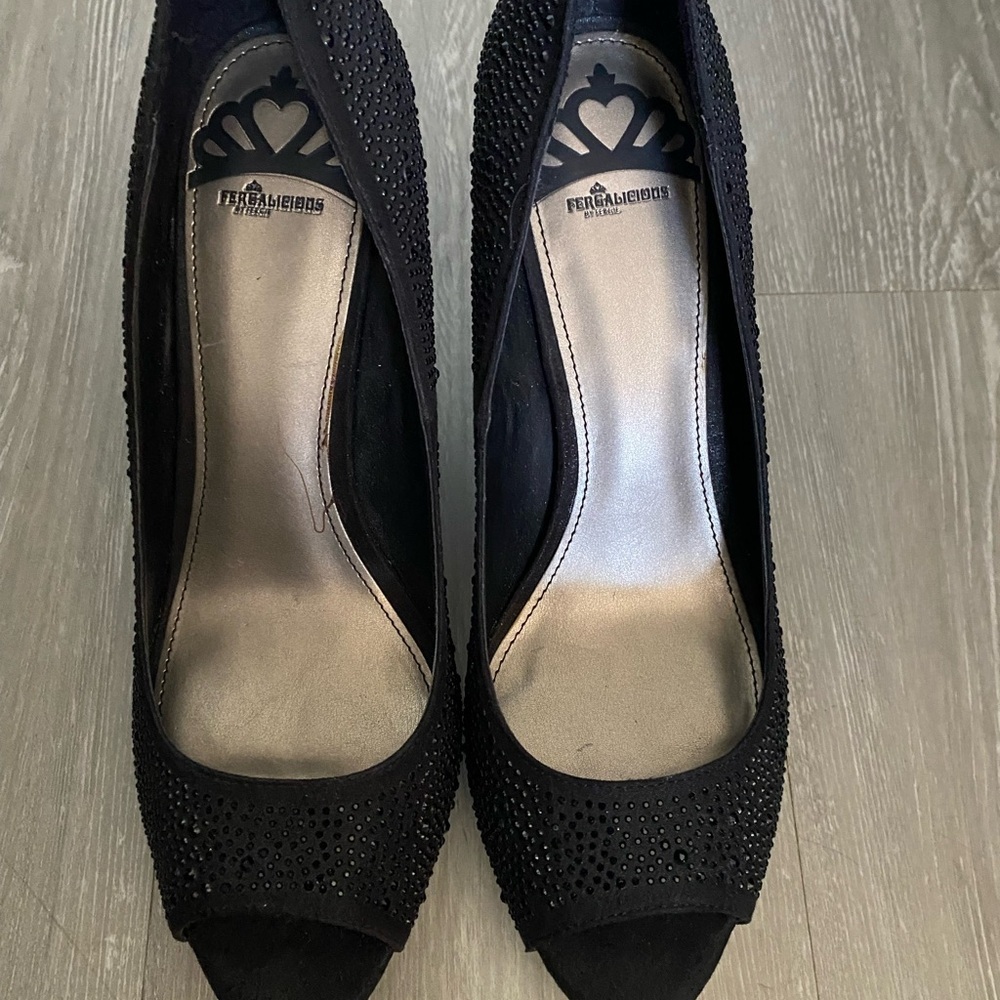 Fergalicious Women's Black Peep Toe Heels size 10 in very good condition.